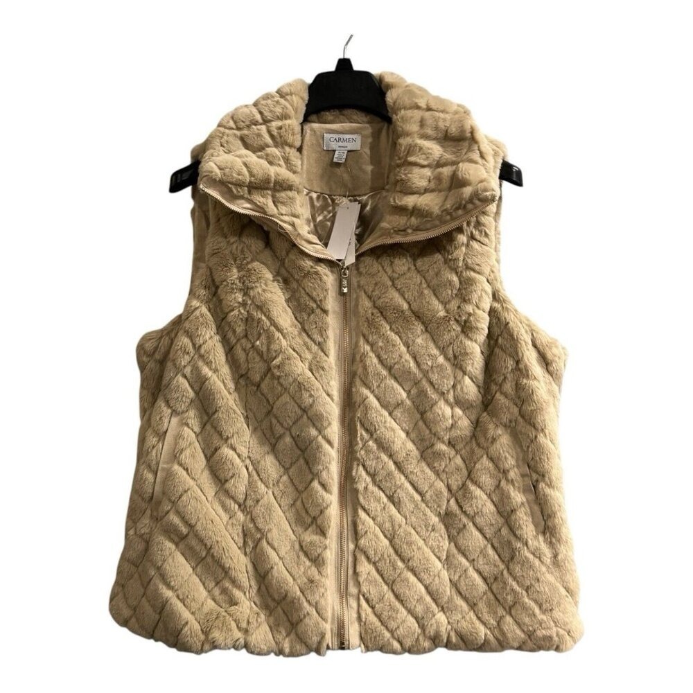 Carmen Marc Valvo Faux Fur Vest Womens 1X‎ Tan Sleeveless Full Zip Quilted